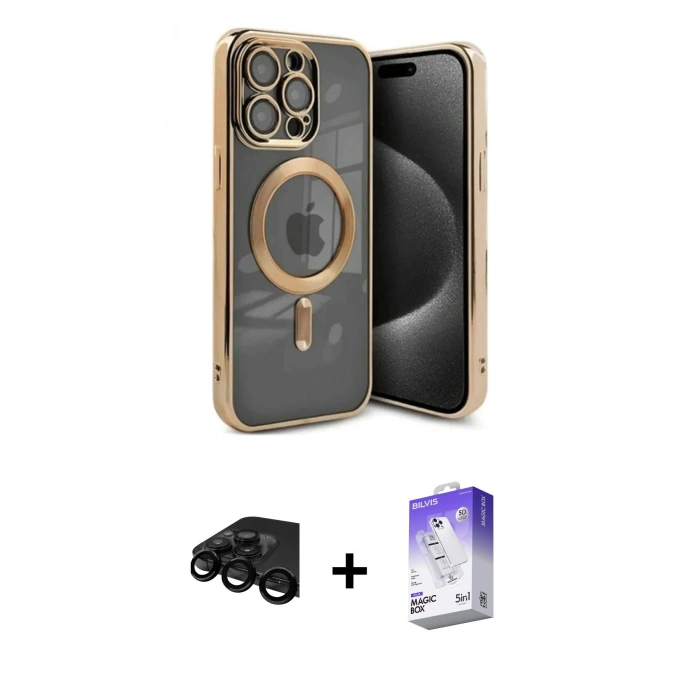 MARSİLYAN™- iPhone 15 Pro Kılıf Nova Işık Özel Seri - Siyah Bilvis 5in1 3D Magic Cam Ekran Koruyucu + Siyah Raze Metal Kamera Lens