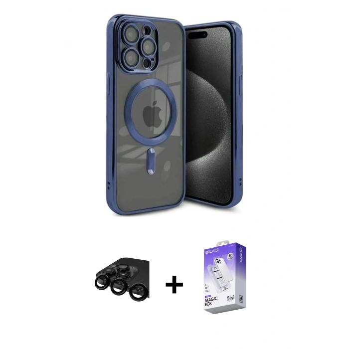 MARSİLYAN™- iPhone 15 Pro Kılıf Nova Işık Özel Seri - Siyah Bilvis 5in1 3D Magic Cam Ekran Koruyucu + Siyah Raze Metal Kamera Lens