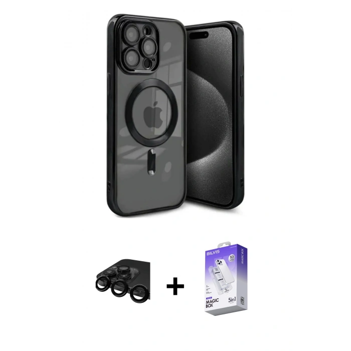 MARSİLYAN™- iPhone 15 Pro Kılıf Nova Işık Özel Seri - Siyah Bilvis 5in1 3D Magic Cam Ekran Koruyucu + Siyah Raze Metal Kamera Lens