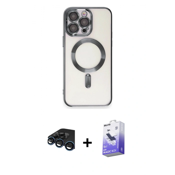 MARSİLYAN™- iPhone 15 Pro Kılıf Nova Işık Özel Seri - Siyah Bilvis 5in1 5D Magic Hayalet Cam Ekran Koruyucu + Raze Metal Kamera Lens - LT