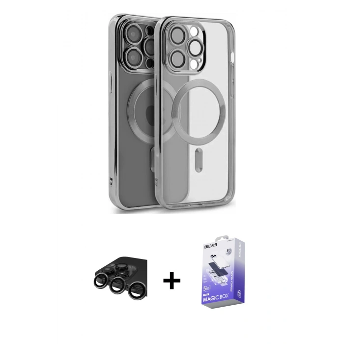 MARSİLYAN™- iPhone 15 Pro Kılıf Nova Işık Özel Seri - Siyah Bilvis 5in1 5D Magic Hayalet Cam Ekran Koruyucu + Raze Metal Kamera Lens - TMGI