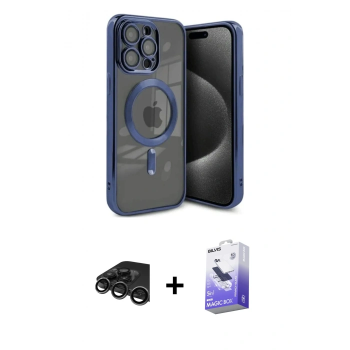 MARSİLYAN™- iPhone 15 Pro Kılıf Nova Işık Özel Seri - Siyah Bilvis 5in1 5D Magic Hayalet Cam Ekran Koruyucu + Raze Metal Kamera Lens - TMGI