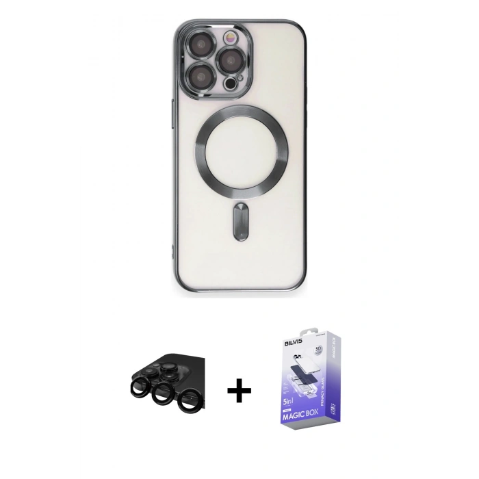 MARSİLYAN™- iPhone 15 Pro Kılıf Nova Işık Özel Seri - Siyah Bilvis 5in1 5D Magic Hayalet Cam Ekran Koruyucu + Raze Metal Kamera Lens - SH