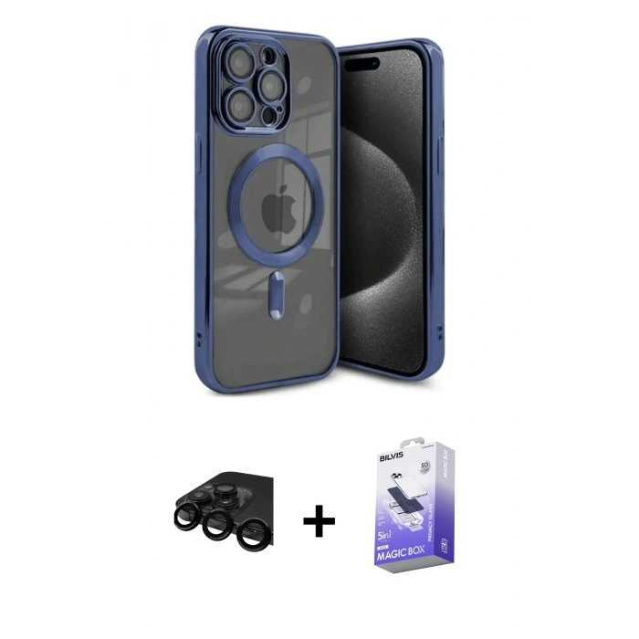 MARSİLYAN™- iPhone 15 Pro Kılıf Nova Işık Özel Seri - Siyah Bilvis 5in1 5D Magic Hayalet Cam Ekran Koruyucu + Raze Metal Kamera Lens - SH