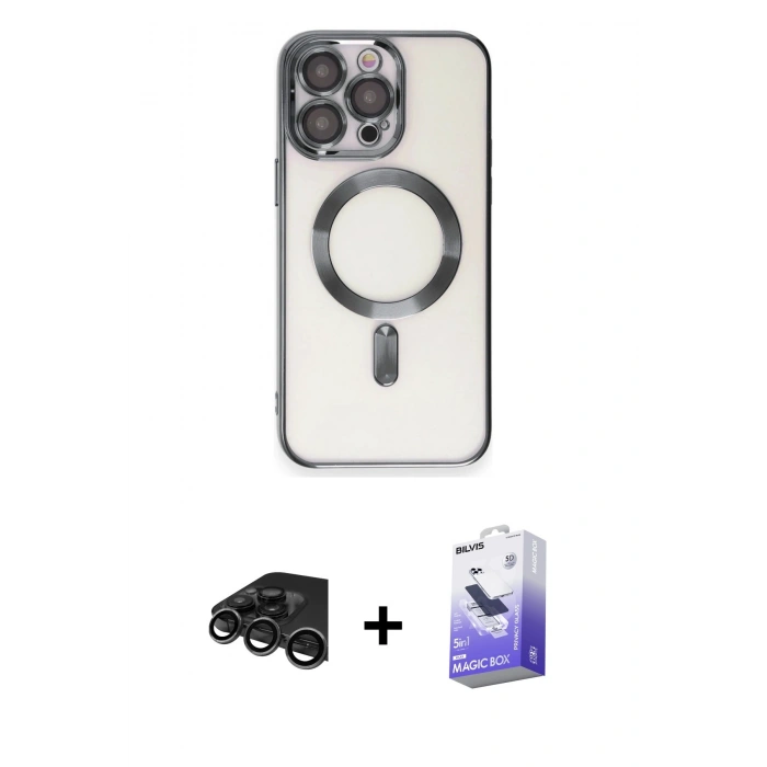 MARSİLYAN™- iPhone 15 Pro Kılıf Nova Işık Özel Seri - Siyah Bilvis 5in1 5D Magic Hayalet Cam Ekran Koruyucu + Raze Metal Kamera Lens - TMGI