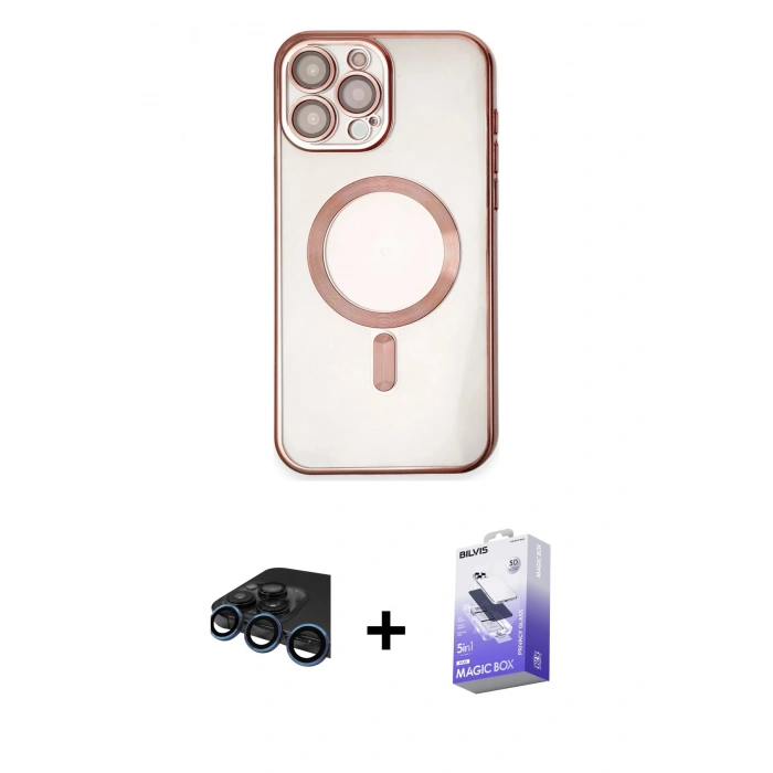 MARSİLYAN™- iPhone 15 Pro Kılıf Nova Işık Özel Seri - Siyah Bilvis 5in1 5D Magic Hayalet Cam Ekran Koruyucu + Raze Metal Kamera Lens - LT