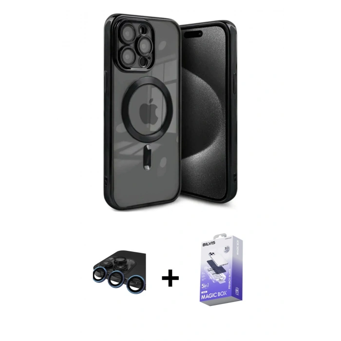 MARSİLYAN™- iPhone 15 Pro Kılıf Nova Işık Özel Seri - Siyah Bilvis 5in1 5D Magic Hayalet Cam Ekran Koruyucu + Raze Metal Kamera Lens - LT