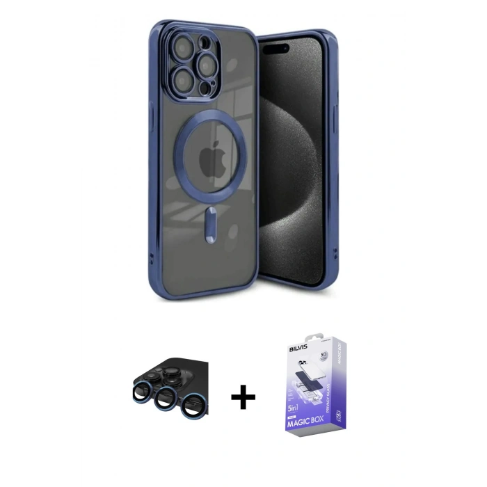 MARSİLYAN™- iPhone 15 Pro Kılıf Nova Işık Özel Seri - Siyah Bilvis 5in1 5D Magic Hayalet Cam Ekran Koruyucu + Raze Metal Kamera Lens - LT