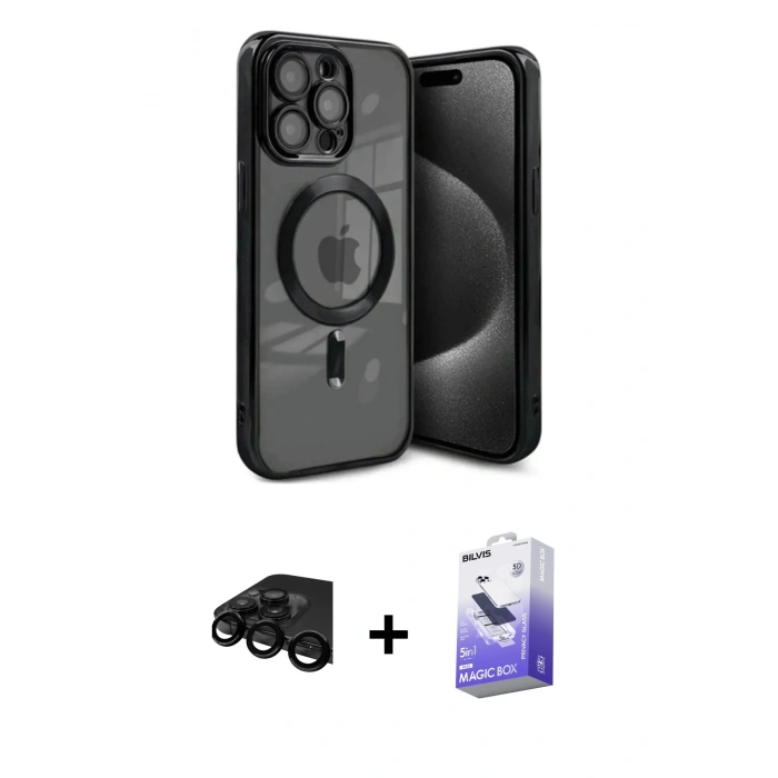 MARSİLYAN™- iPhone 15 Pro Kılıf Nova Işık Özel Seri - Siyah Bilvis 5in1 5D Magic Hayalet Cam Ekran Koruyucu + Raze Metal Kamera Lens - SH