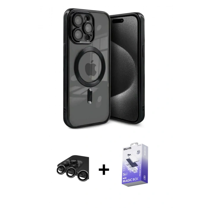 MARSİLYAN™- iPhone 15 Pro Kılıf Nova Işık Özel Seri - Siyah Bilvis 5in1 5D Magic Hayalet Cam Ekran Koruyucu + Raze Metal Kamera Lens - TMGI