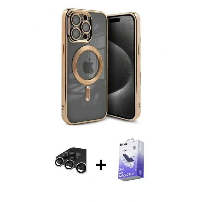 MARSİLYAN™- iPhone 15 Pro Kılıf Nova Işık Özel Seri - Siyah Bilvis 5in1 5D Magic Hayalet Cam Ekran Koruyucu + Raze Metal Kamera Lens - GS