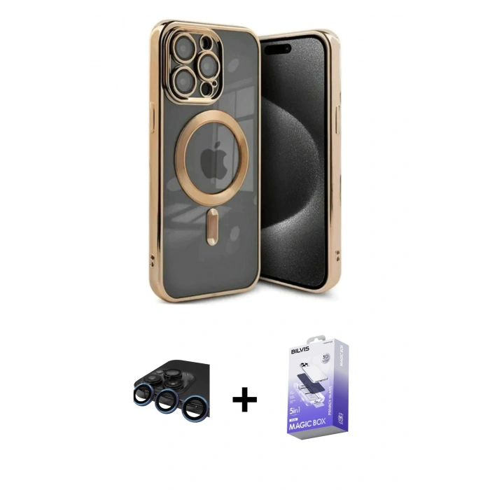 MARSİLYAN™- iPhone 15 Pro Kılıf Nova Işık Özel Seri - Siyah Bilvis 5in1 5D Magic Hayalet Cam Ekran Koruyucu + Raze Metal Kamera Lens - LT