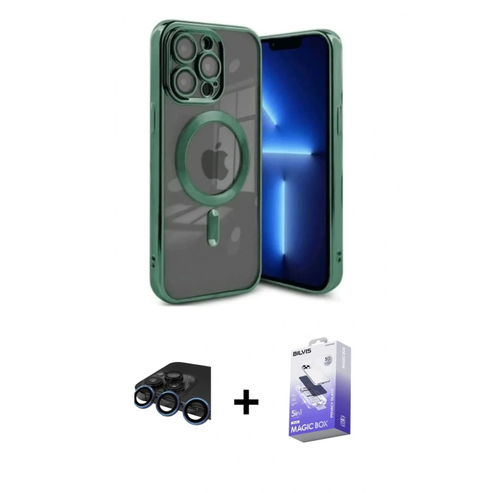 MARSİLYAN™- iPhone 15 Pro Kılıf Nova Işık Özel Seri - Siyah Bilvis 5in1 5D Magic Hayalet Cam Ekran Koruyucu + Raze Metal Kamera Lens - LT