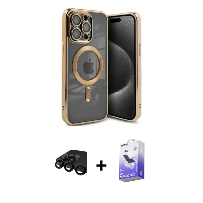MARSİLYAN™- iPhone 15 Pro Kılıf Nova Işık Özel Seri - Siyah Bilvis 5in1 5D Magic Hayalet Cam Ekran Koruyucu + Raze Metal Kamera Lens - SH