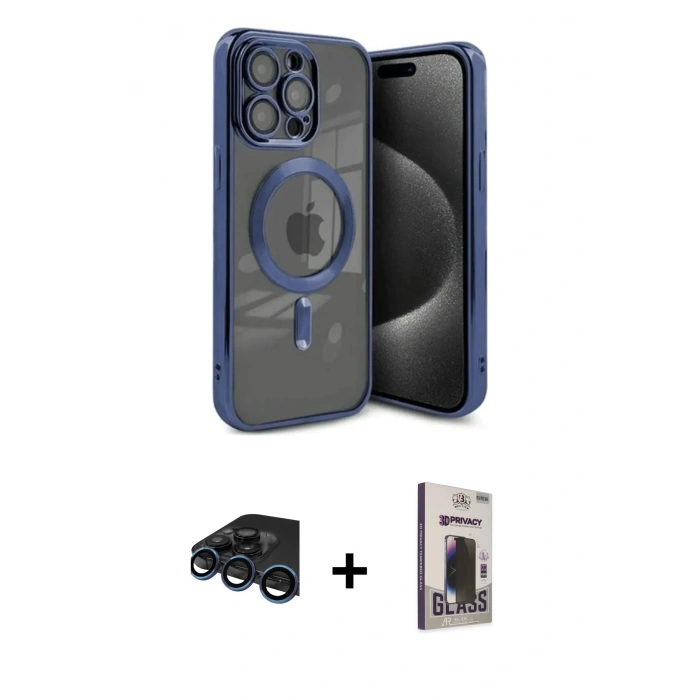 MARSİLYAN™- iPhone 15 Pro Kılıf Nova Işık Özel Seri - Siyah Bilvis Hayalet Cam Ekran Koruyucu + Raze Metal Kamera Lens - LT
