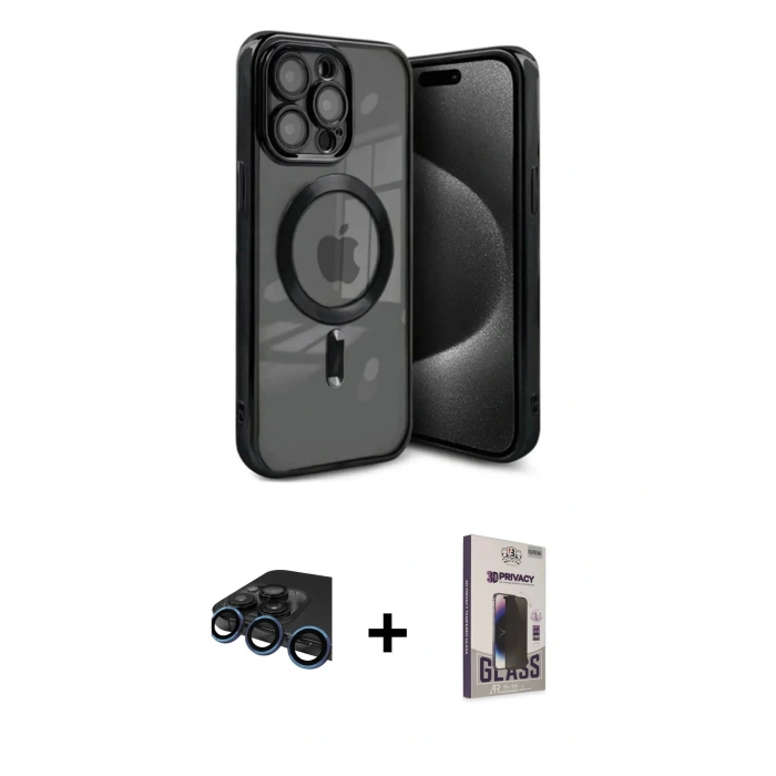 MARSİLYAN™- iPhone 15 Pro Kılıf Nova Işık Özel Seri - Siyah Bilvis Hayalet Cam Ekran Koruyucu + Raze Metal Kamera Lens - LT