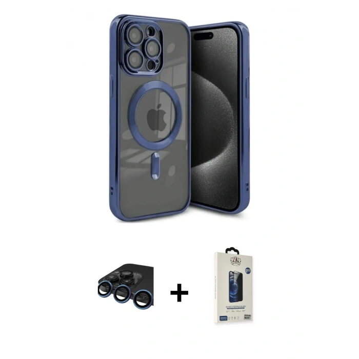 MARSİLYAN™- iPhone 15 Pro Kılıf Nova Işık Özel Seri - Siyah Bilvis Hayalet Cam Ekran Koruyucu + Raze Metal Kamera Lens - LT