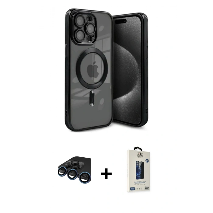MARSİLYAN™- iPhone 15 Pro Kılıf Nova Işık Özel Seri - Siyah Bilvis Hayalet Cam Ekran Koruyucu + Raze Metal Kamera Lens - LT