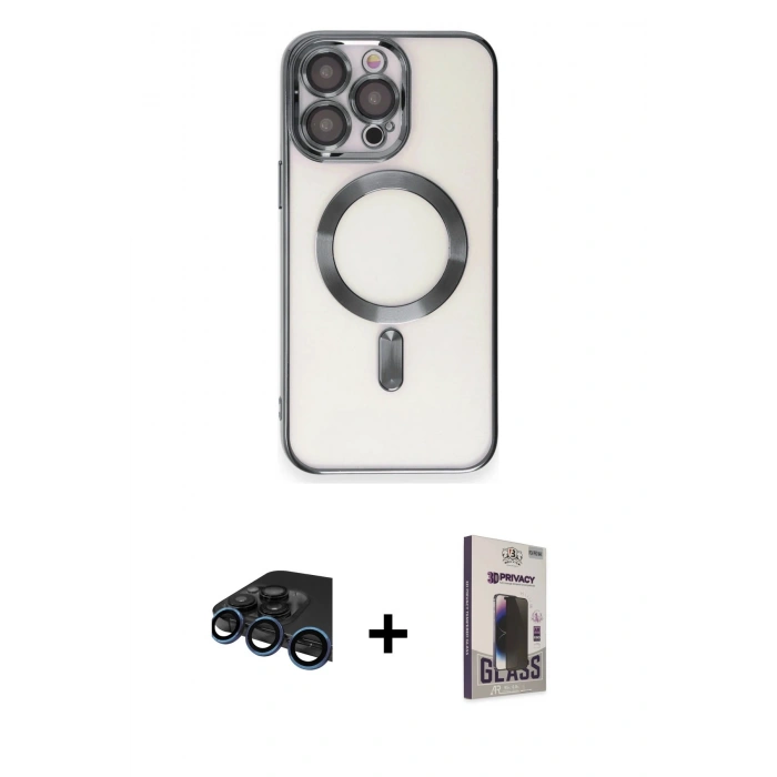 MARSİLYAN™- iPhone 15 Pro Kılıf Nova Işık Özel Seri - Siyah Bilvis Hayalet Cam Ekran Koruyucu + Raze Metal Kamera Lens - LT