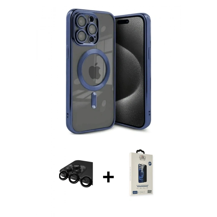 MARSİLYAN™- iPhone 15 Pro Kılıf Nova Işık Özel Seri - Siyah Bilvis Hayalet Cam Ekran Koruyucu + Raze Metal Kamera Lens - SH