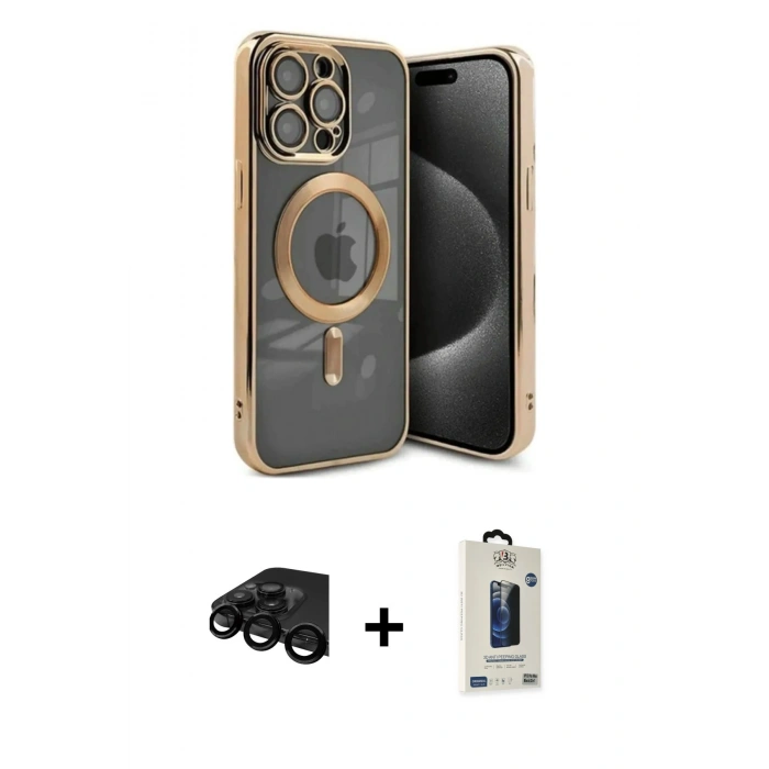 MARSİLYAN™- iPhone 15 Pro Kılıf Nova Işık Özel Seri - Siyah Bilvis Hayalet Cam Ekran Koruyucu + Raze Metal Kamera Lens - SH