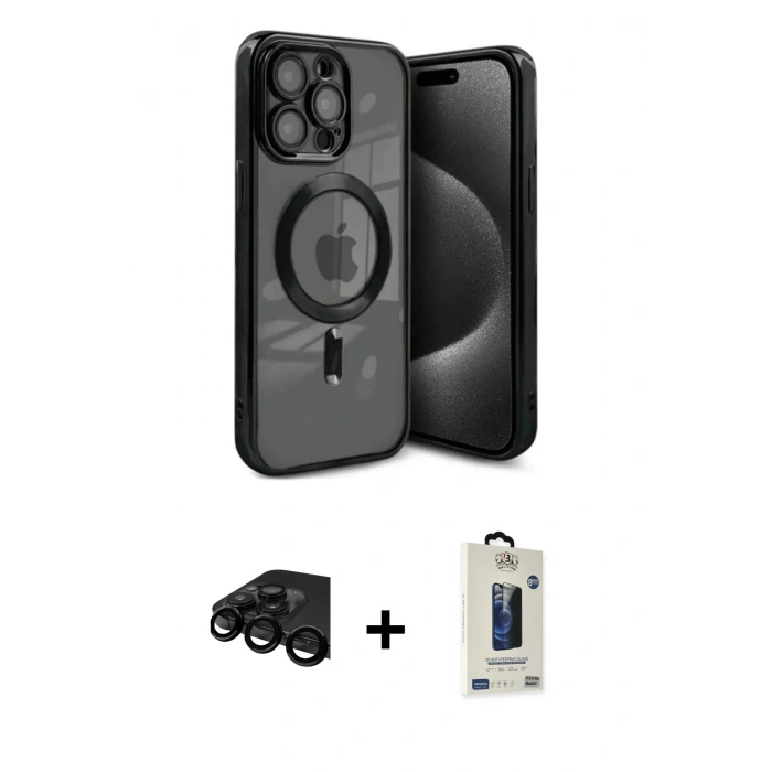 MARSİLYAN™- iPhone 15 Pro Kılıf Nova Işık Özel Seri - Siyah Bilvis Hayalet Cam Ekran Koruyucu + Raze Metal Kamera Lens - SH