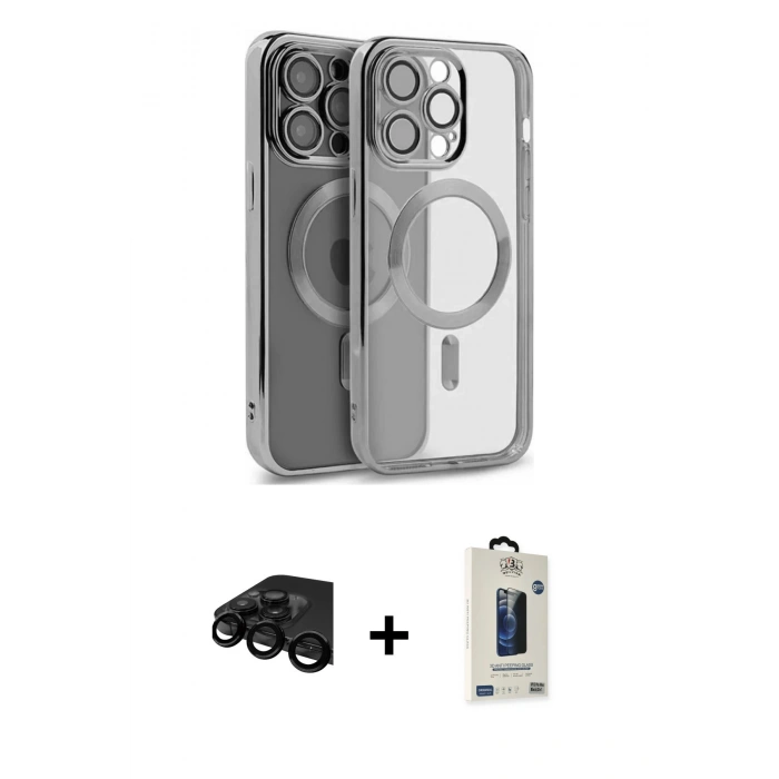 MARSİLYAN™- iPhone 15 Pro Kılıf Nova Işık Özel Seri - Siyah Bilvis Hayalet Cam Ekran Koruyucu + Raze Metal Kamera Lens - SH