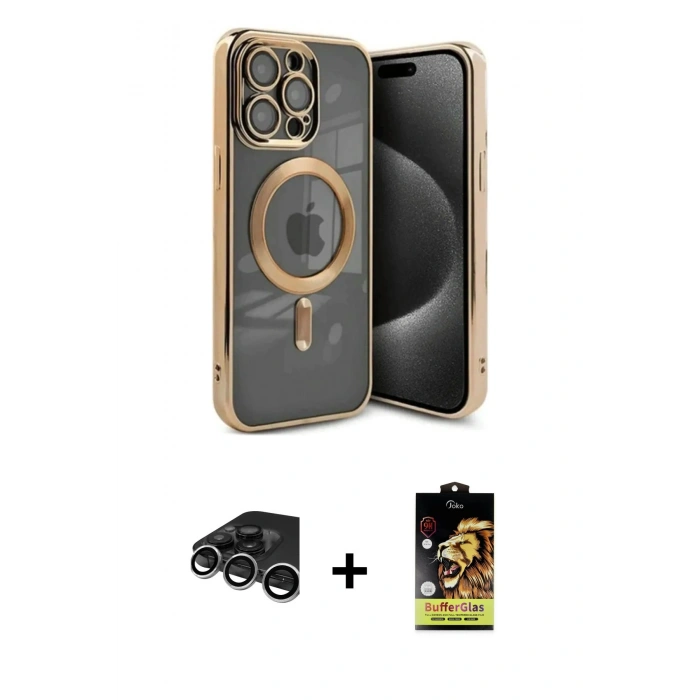 MARSİLYAN™- iPhone 15 Pro Kılıf Nova Işık Özel Seri - Siyah Buffer Cam Ekran Koruyucu + Gümüş Raze Metal Kamera Lens