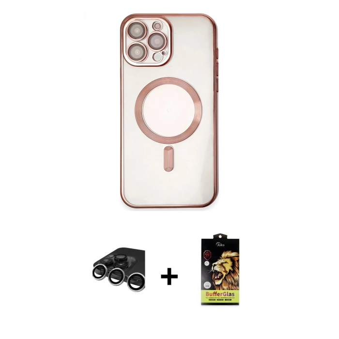 MARSİLYAN™- iPhone 15 Pro Kılıf Nova Işık Özel Seri - Siyah Buffer Cam Ekran Koruyucu + Gümüş Raze Metal Kamera Lens