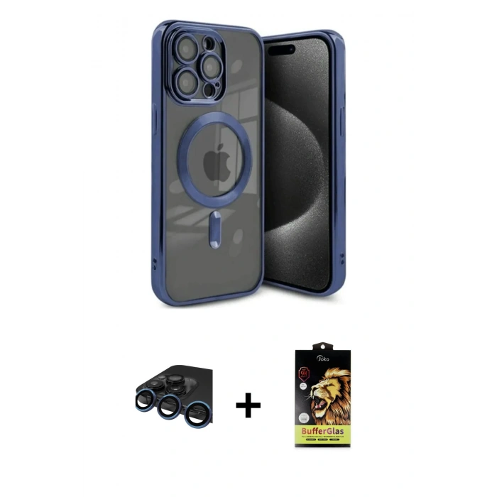 MARSİLYAN™- iPhone 15 Pro Kılıf Nova Işık Özel Seri - Siyah Buffer Cam Ekran Koruyucu + Lacivert Raze Metal Kamera Lens