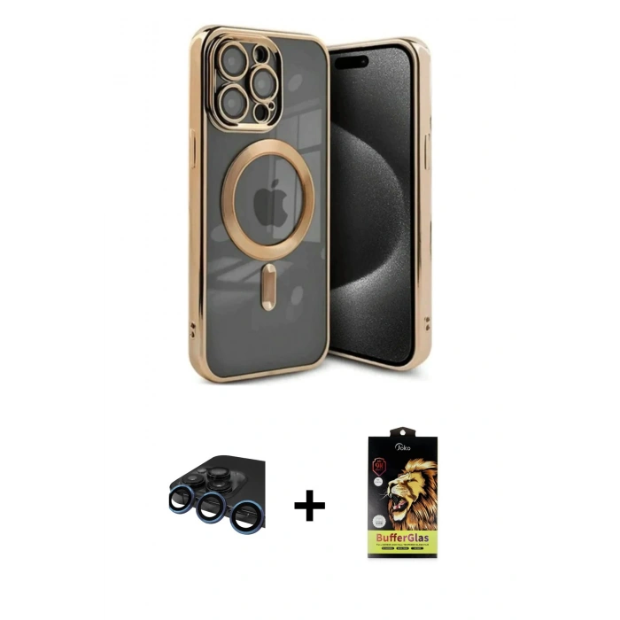 MARSİLYAN™- iPhone 15 Pro Kılıf Nova Işık Özel Seri - Siyah Buffer Cam Ekran Koruyucu + Lacivert Raze Metal Kamera Lens