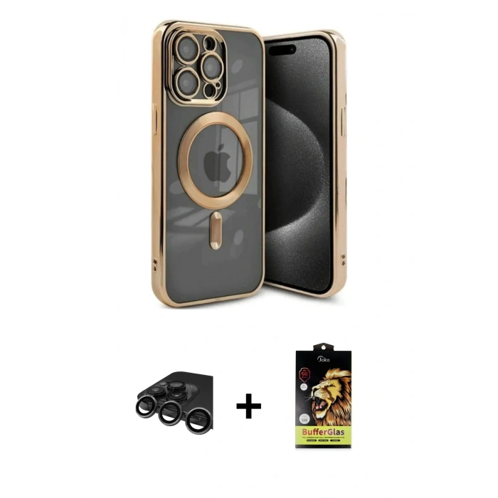 MARSİLYAN™- iPhone 15 Pro Kılıf Nova Işık Özel Seri - Siyah Buffer Cam Ekran Koruyucu + Raze Metal Kamera Lens - TMGI