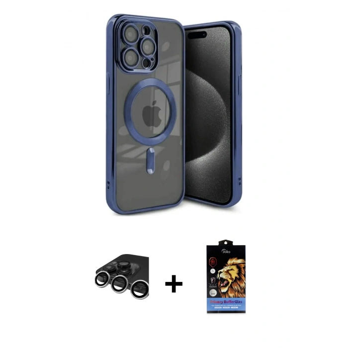 MARSİLYAN™- iPhone 15 Pro Kılıf Nova Işık Özel Seri - Siyah Buffer Hayalet Cam Ekran Koruyucu + Raze Metal Kamera Lens - GS