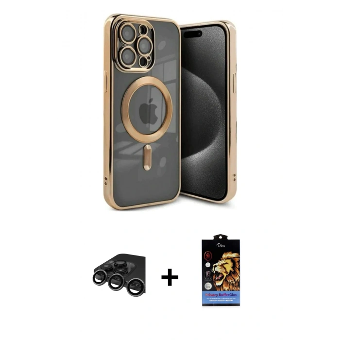 MARSİLYAN™- iPhone 15 Pro Kılıf Nova Işık Özel Seri - Siyah Buffer Hayalet Cam Ekran Koruyucu + Raze Metal Kamera Lens - TMGI