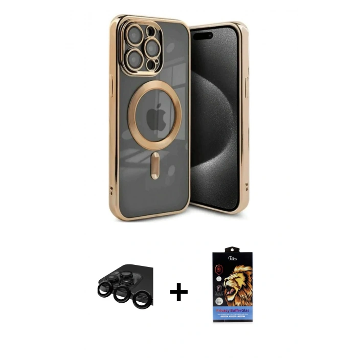 MARSİLYAN™- iPhone 15 Pro Kılıf Nova Işık Özel Seri - Siyah Buffer Hayalet Cam Ekran Koruyucu + Raze Metal Kamera Lens - SH