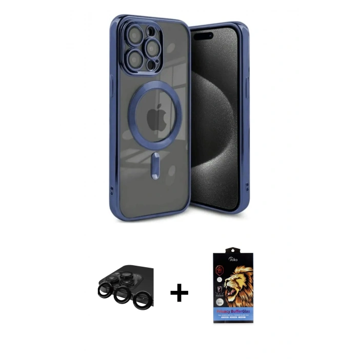 MARSİLYAN™- iPhone 15 Pro Kılıf Nova Işık Özel Seri - Siyah Buffer Hayalet Cam Ekran Koruyucu + Raze Metal Kamera Lens - SH