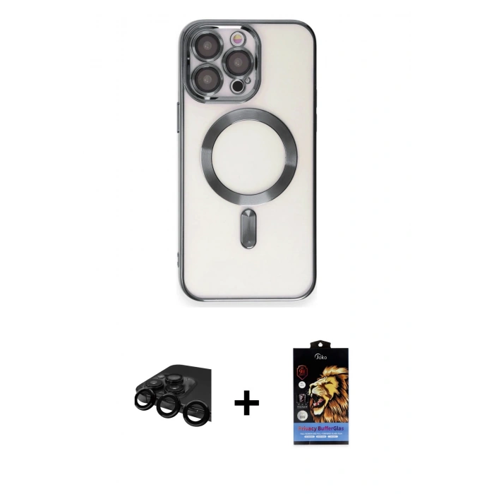 MARSİLYAN™- iPhone 15 Pro Kılıf Nova Işık Özel Seri - Siyah Buffer Hayalet Cam Ekran Koruyucu + Raze Metal Kamera Lens - SH
