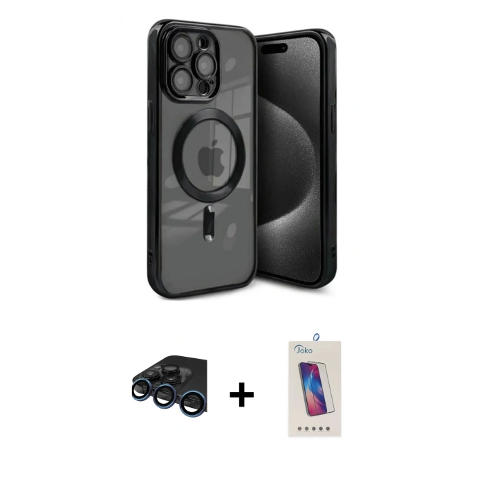 MARSİLYAN™- iPhone 15 Pro Kılıf Nova Işık Özel Seri - Siyah Joko 5D Cam + Raze Metal Kamera Lens - LT