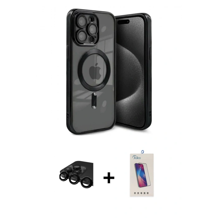 MARSİLYAN™- iPhone 15 Pro Kılıf Nova Işık Özel Seri - Siyah Joko 5D Cam + Siyah Raze Metal Kamera Lens