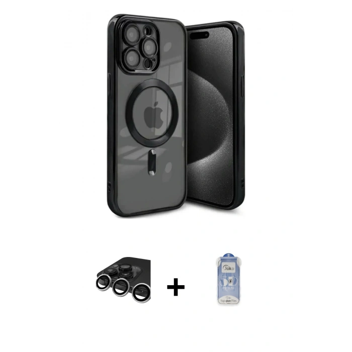 MARSİLYAN™- iPhone 15 Pro Kılıf Nova Işık Özel Seri - Siyah Joko Magic 5D Cam + Raze Metal Kamera Lens - GS