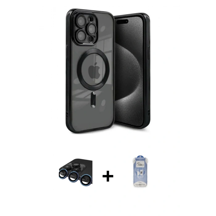MARSİLYAN™- iPhone 15 Pro Kılıf Nova Işık Özel Seri - Siyah Joko Magic 5D Cam + Raze Metal Kamera Lens - LT