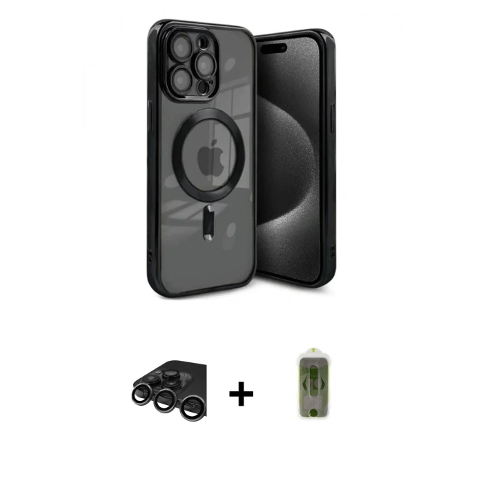 MARSİLYAN™- iPhone 15 Pro Kılıf Nova Işık Özel Seri - Siyah Joko Magic 5D Hayalet Cam + Raze Metal Kamera Lens - TMGI