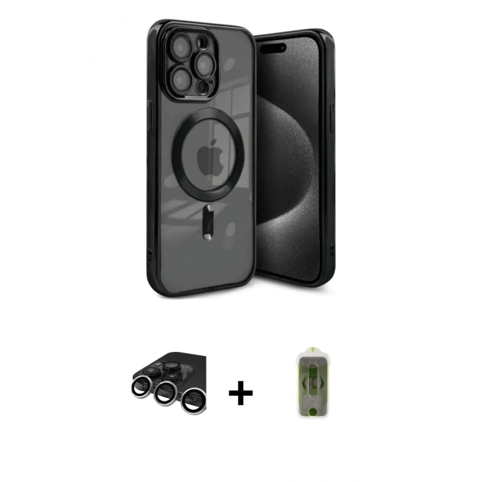 MARSİLYAN™- iPhone 15 Pro Kılıf Nova Işık Özel Seri - Siyah Joko Magic 5D Hayalet Cam + Raze Metal Kamera Lens - GS