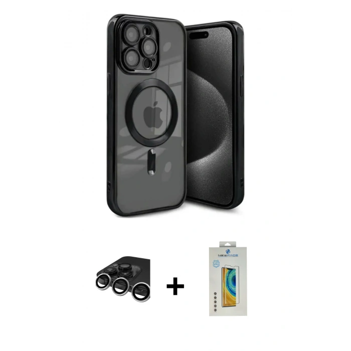 MARSİLYAN™- iPhone 15 Pro Kılıf Nova Işık Özel Seri - Siyah Polymer Nano Ekran Koruyucu + Raze Metal Kamera Lens - GS
