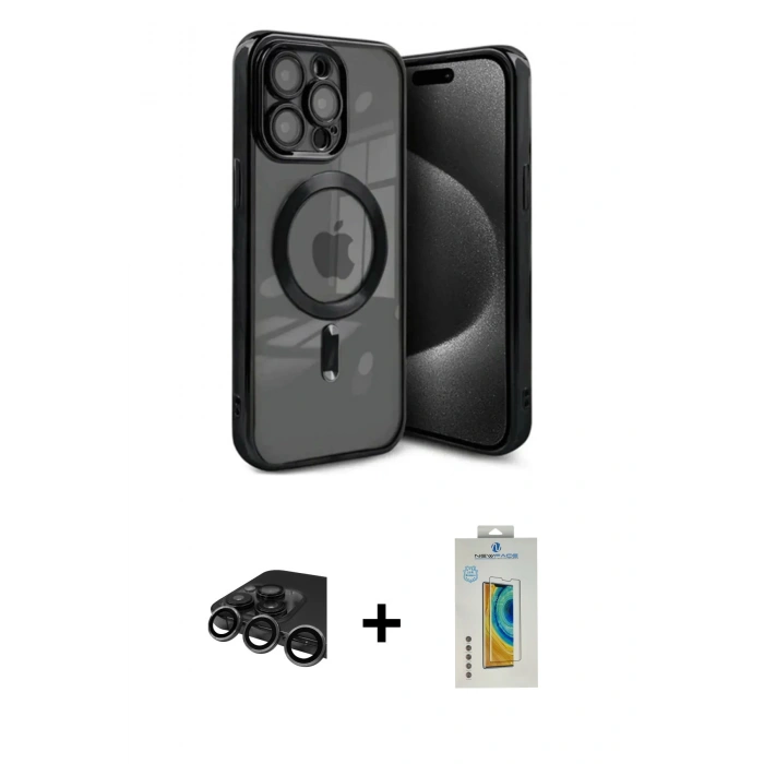 MARSİLYAN™- iPhone 15 Pro Kılıf Nova Işık Özel Seri - Siyah Polymer Nano Ekran Koruyucu + Raze Metal Kamera Lens - TMGI
