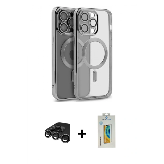 MARSİLYAN™- iPhone 15 Pro Kılıf Nova Işık Özel Seri - Siyah Polymer Nano Ekran Koruyucu + Raze Metal Kamera Lens - TMGI