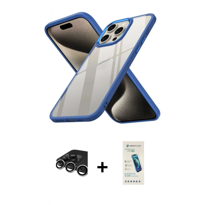 MARSİLYAN™- iPhone 15 Pro Kılıf Nova Işık Serisi - Şeffaf Pasifik Cam Ekran Koruyucu + Raze Metal Kamera Lens - GS