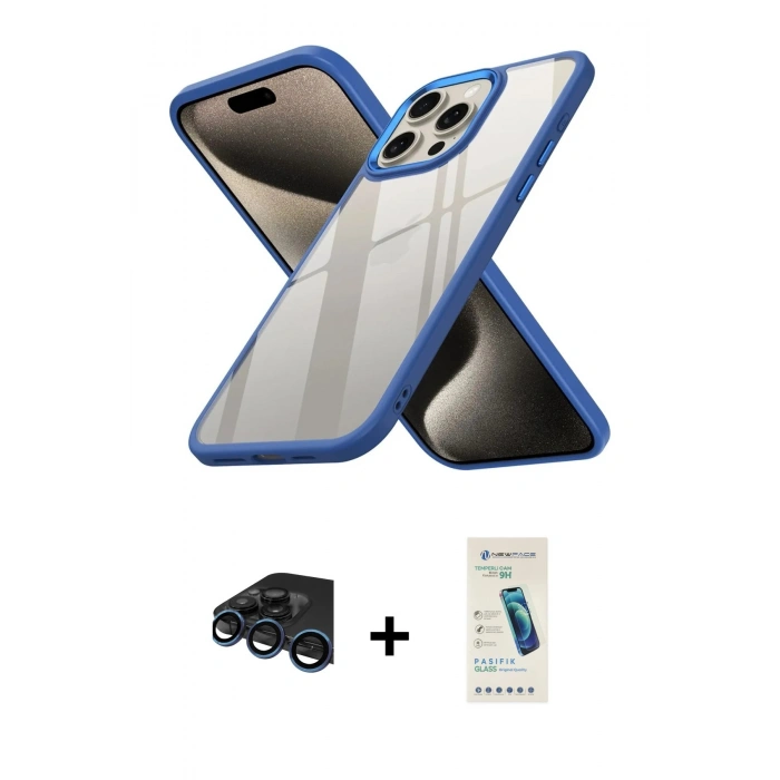 MARSİLYAN™- iPhone 15 Pro Kılıf Nova Işık Serisi - Şeffaf Pasifik Cam Ekran Koruyucu + Raze Metal Kamera Lens - LT