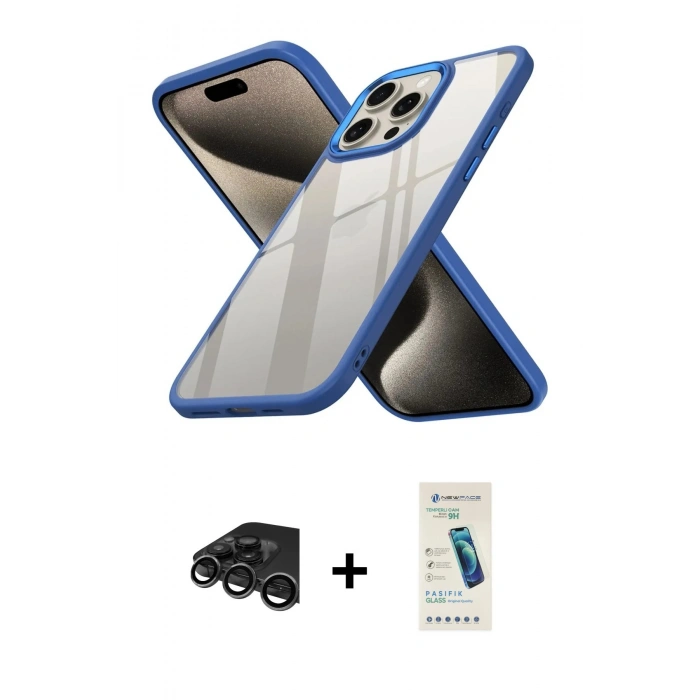 MARSİLYAN™- iPhone 15 Pro Kılıf Nova Işık Serisi - Şeffaf Pasifik Cam Ekran Koruyucu + Raze Metal Kamera Lens - TMGI