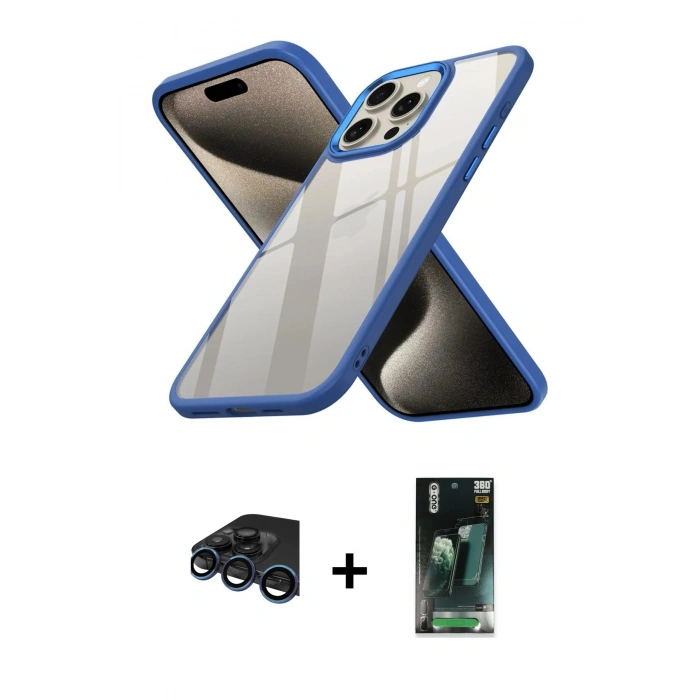 MARSİLYAN™- iPhone 15 Pro Kılıf Nova Işık Serisi - Siyah 360 Mat Full Body Arka Koruyucu + Lacivert Raze Metal Kamera Lens